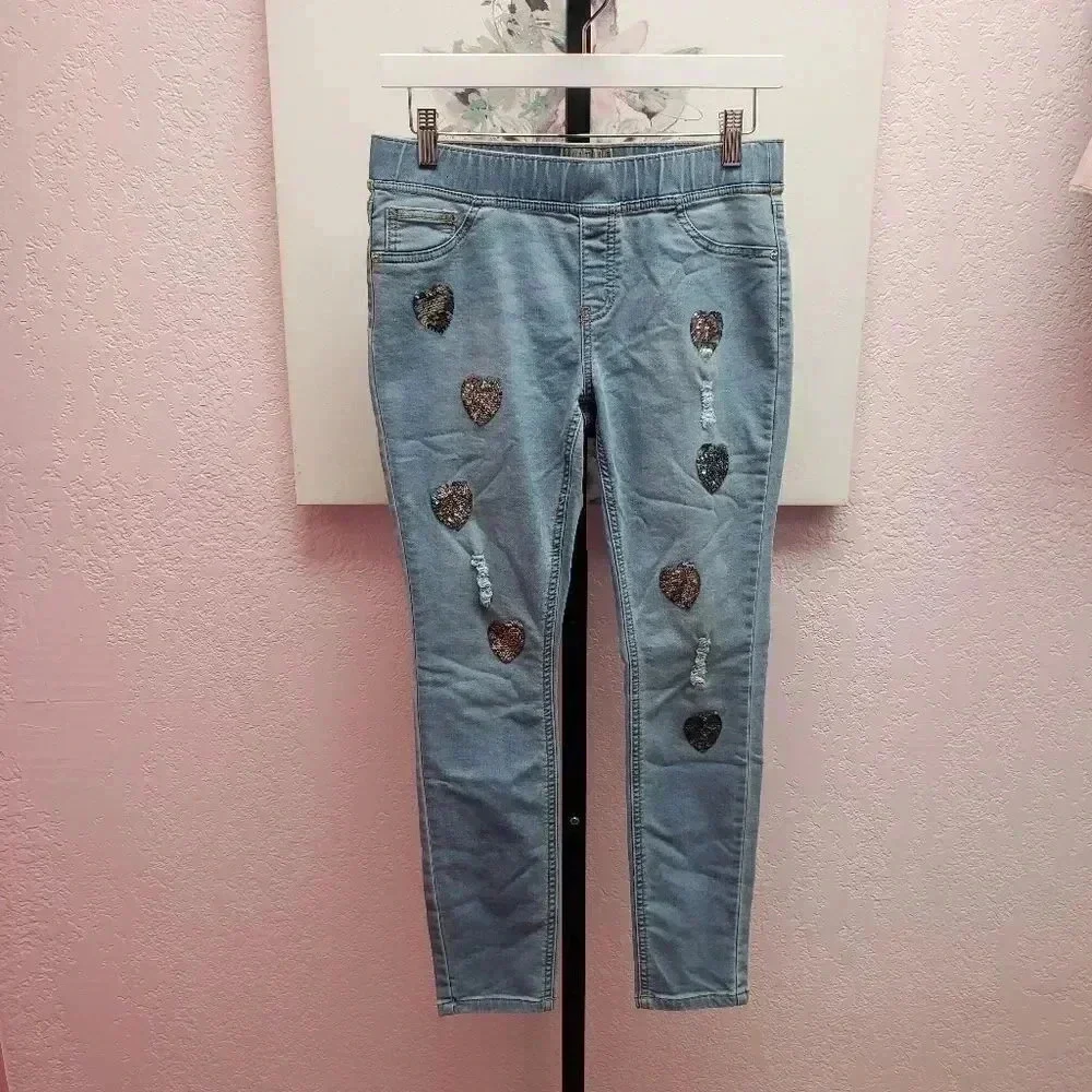 Justice Girls Sequined Heart Mid Rise Pull On Jegging